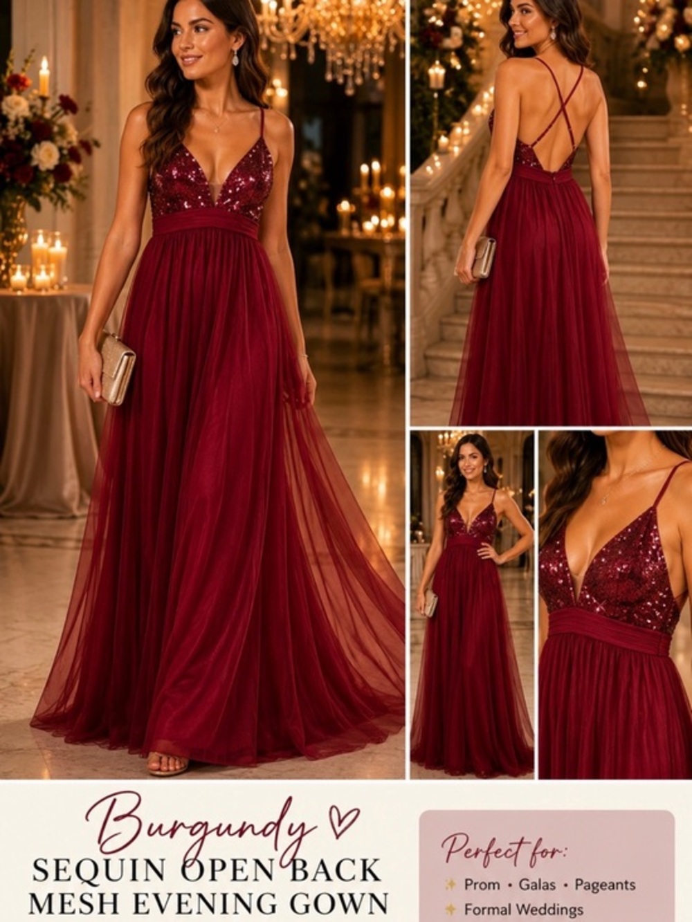 Burgundy Sequin Mesh Open Back Formal
Gown Size Large